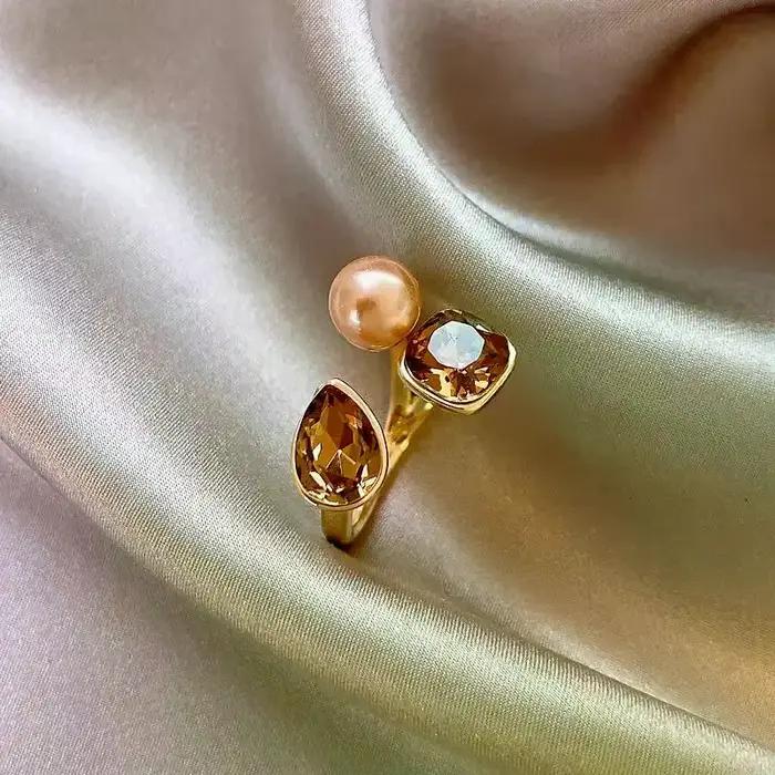 Bagues ouvertes en métal, Vintage, luxe, géométrie, cristal, Champagne, perle, bijoux de fête, acces