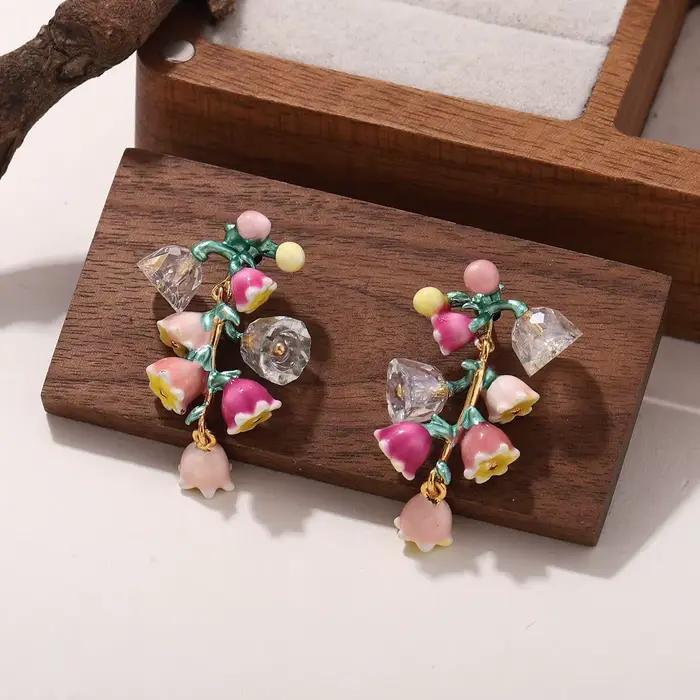 Boucles d'oreilles pendantes en forme de fleur d'émail pour femmes, bijoux d'oreille pendantes de St