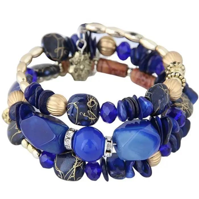Bracelets multirangs en résine et pierre, couleurs mélangées, élastiques, avec breloques, faits à la