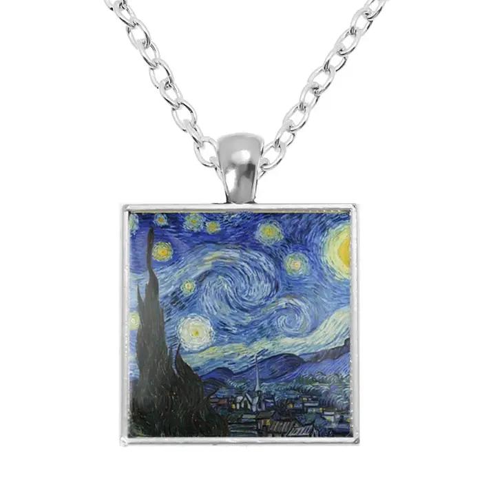 Collier Van Gogh, motif Nuit étoilée et Tournesol, avec cabochon en verre, pendentif carré imprimé, 