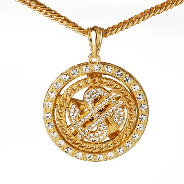 Mode cristal grand Raotatable Dollar américain collier signe d'argent pendentif collier hommes Hip H