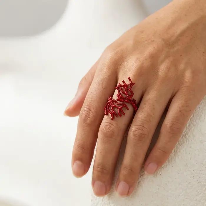 Bague en corail rouge exagérée pour femme, tendance, irrégulière, pour l'index, accessoire de main p