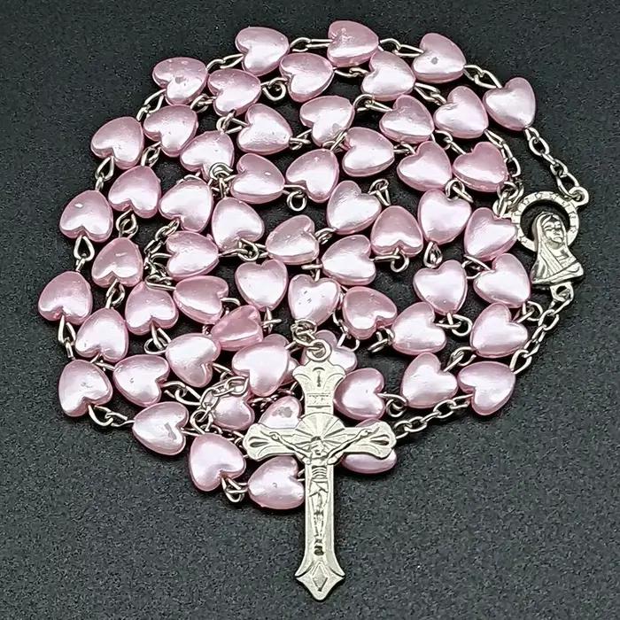 Collier chapelet coeur blanc pour femme, croix de la Vierge Marie, pendentif INRI, Long JOMen, relig