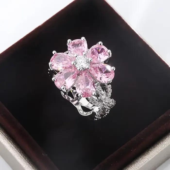 Bague en argent 925 pour femmes, Zircon coloré exquis, à la mode, fleurs roses, bague de fiançailles