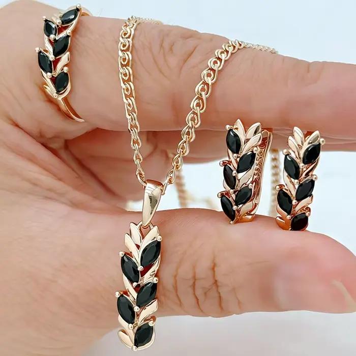 Kinel Hot 585 – Parure de bijoux ethniques vintage couleur or rose pour femme, avec zircon noir natu