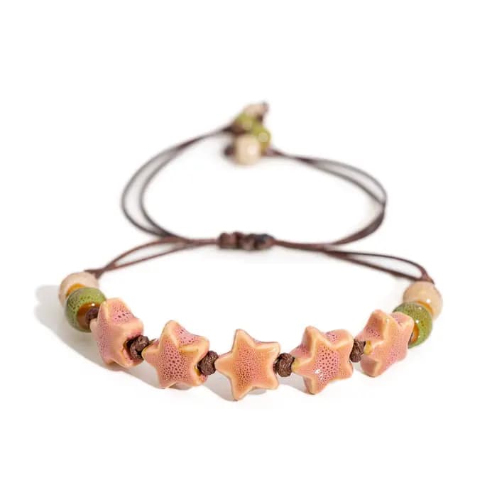 Bracelet réglable fait à la main avec pentagramme, perles en céramique, cordon de cire, bijoux pour