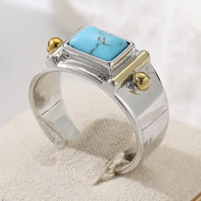 Bague élégante pour femme, bicolore, incrustée de turquoise artificielle carrée, idéale pour banquet