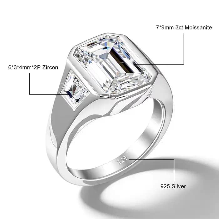 Bague signet en moissanite taille émeraude 7*9mm 3ct couleur D VVS1 en or rempli 14K Au585 pour homm