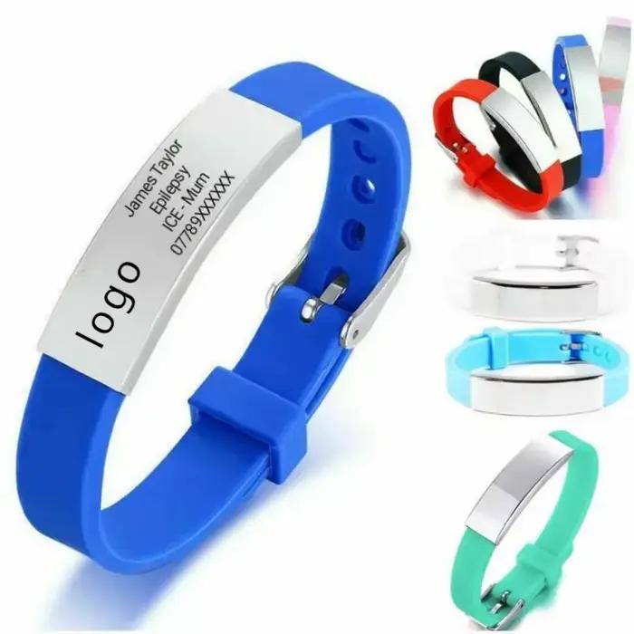 Bracelets d'alerte personnalisés gravés en acier inoxydable et silicone pour femmes, hommes et enfan