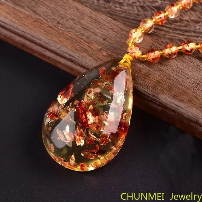 Pendentif goutte de fleur fragmentée pour homme et femme, collier arc-en-ciel original, pierre d'amb