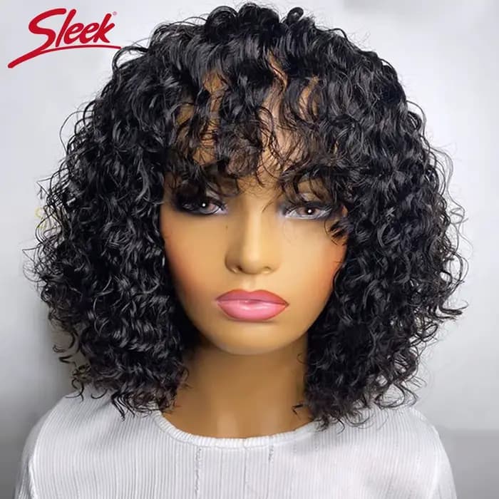 Jerry bouclés court Pixie Bob coupe perruques de cheveux humains avec frange sans colle perruque met