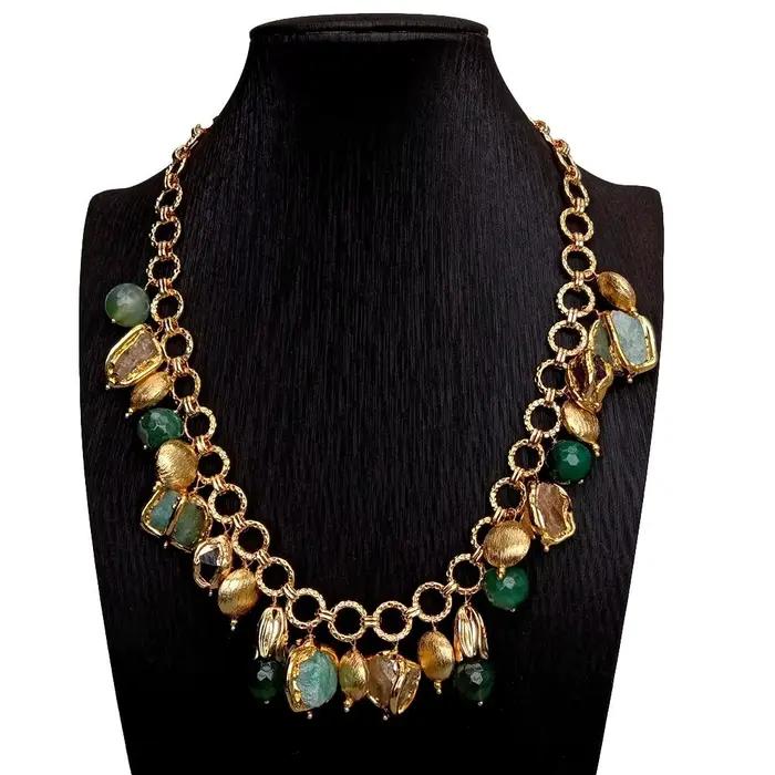 Collier de menton plaqué or, citrine naturelle, améthyste, Amazonite, bord galvanisé, pendentif rugueux
