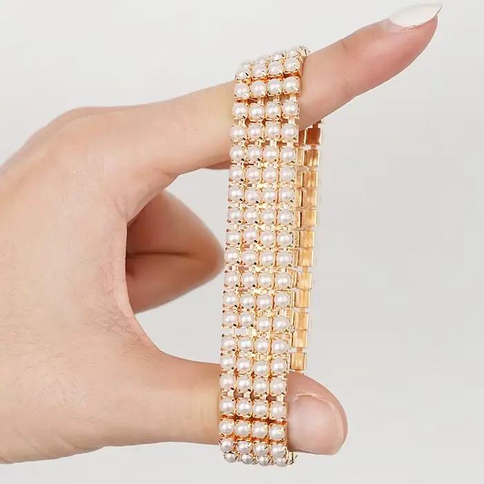 Bracelets classiques à 4 rangées de perles pour femmes, bracelets élastiques pour patients de mariage, bijoux en or et argent