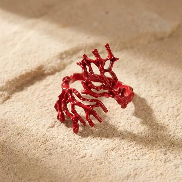 Bague en corail rouge exagérée pour femme, tendance, irrégulière, pour l'index, accessoire de main pour vacances à la plage, bijoux de mode