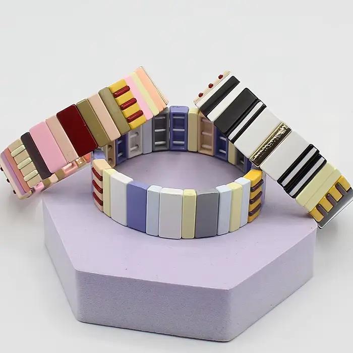 Bracelet en émail 2026, motif géométrique, long carré, coloris arc-en-ciel, bracelet porte-bonheur dopamine, accessoires