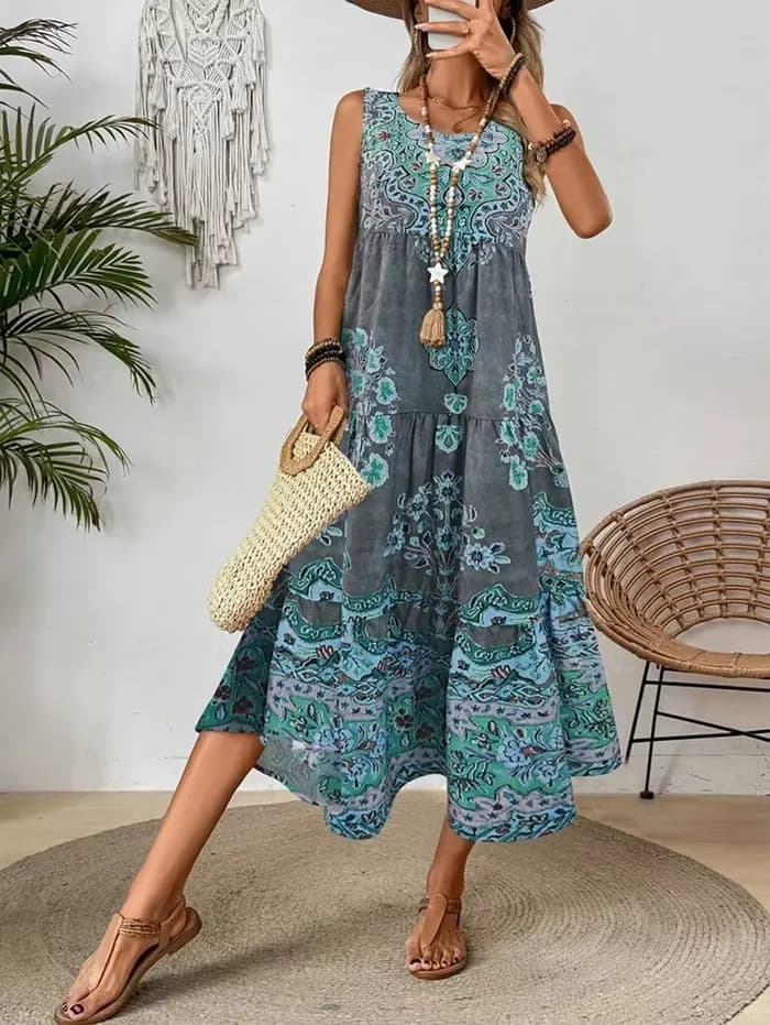 Robe d'été sans manches à col rond imprimée pour femmes, adaptée aux vêtements décontractés ou de plage pour les vacances et les longues vacances