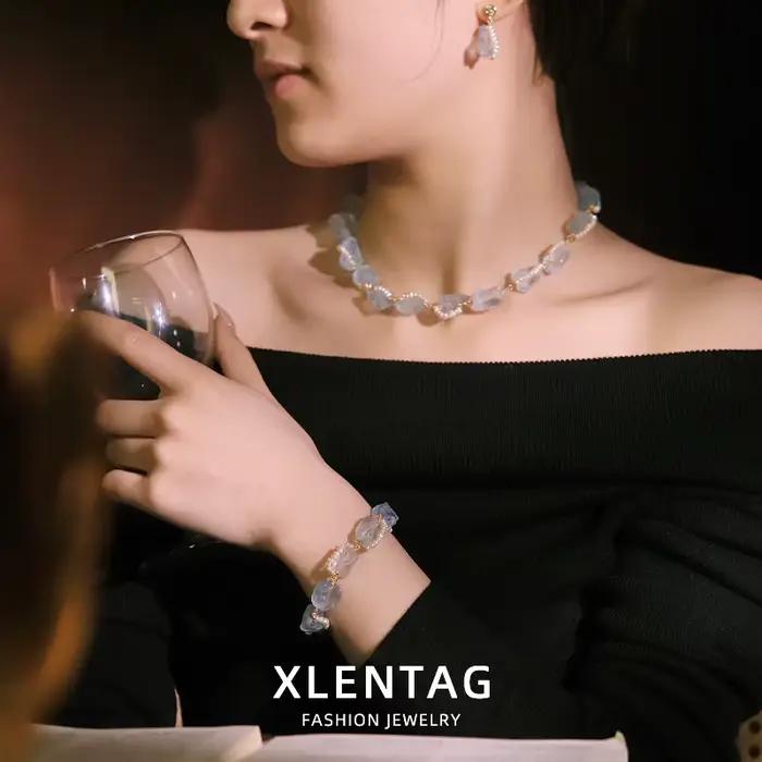 Parure de bijoux en perles d'eau douce naturelles et aigue-marine pour femme, idéale pour le quotidien, les banquets, les vacances à la plage, un cadeau délicat.