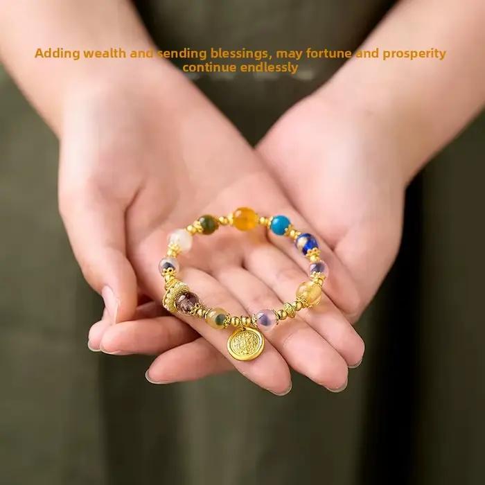 Ins Zakilam Bracelet demi-sucre coeur Agate main chaîne coloré feuille d'or verre jaune dieu de la richesse coeur malédiction trésor chanceux