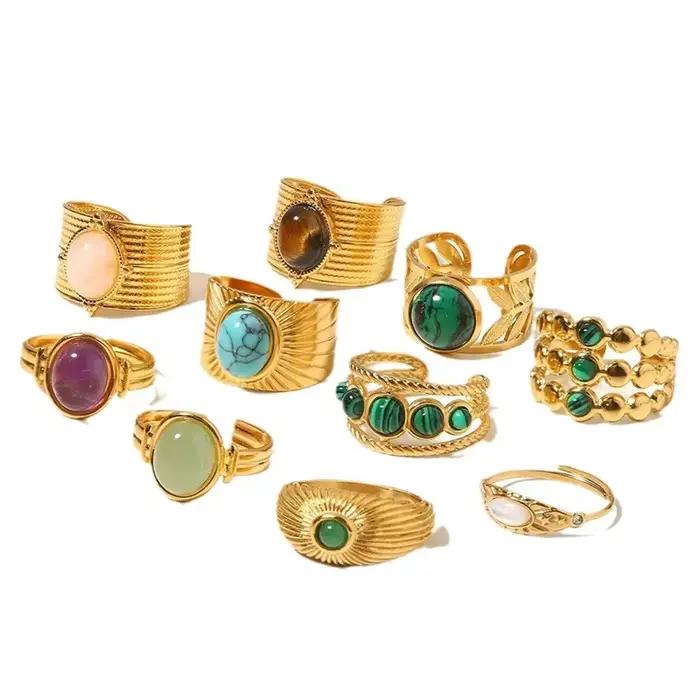 Bague en pierre plaquée or pour femme, matiques ouvertes réglables, bijoux bohèmes vintage, cadeau d'anniversaire, nouveau design, mode 2024