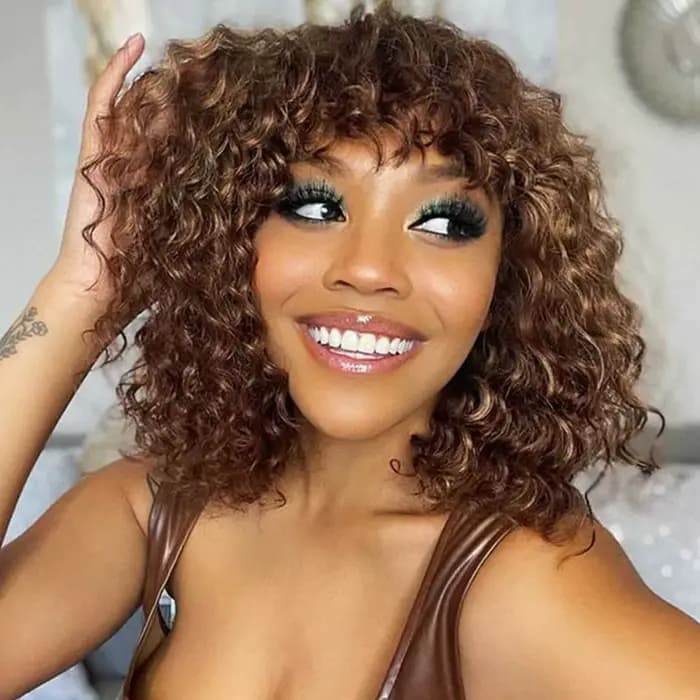 Jerry bouclés court Pixie Bob coupe perruques de cheveux humains avec frange sans colle perruque mettre en évidence miel vague d'eau Blonde couleur perruques pour les femmes