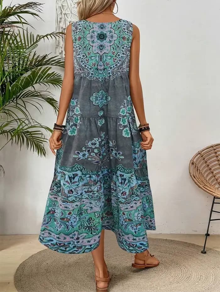 Robe d'été sans manches à col rond imprimée pour femmes, adaptée aux vêtements décontractés ou de plage pour les vacances et les longues vacances