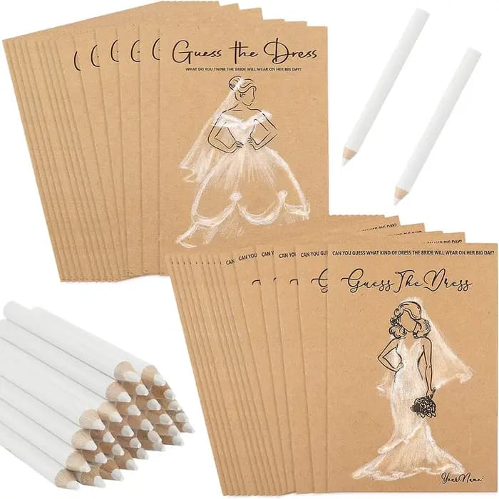 20 cartes de jeu 'Devinez la robe' avec stylos pour enterrement de vie de jeune fille