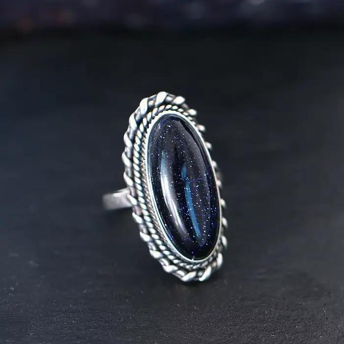 Bague rétro en argent, bijoux Vintage en pierre de grès bleue, grande pierre de luxe élégante, cadeau fin pour femmes et hommes