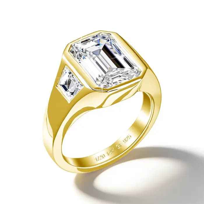 Bague signet en moissanite taille émeraude 7*9mm 3ct couleur D VVS1 en or rempli 14K Au585 pour homme et femme