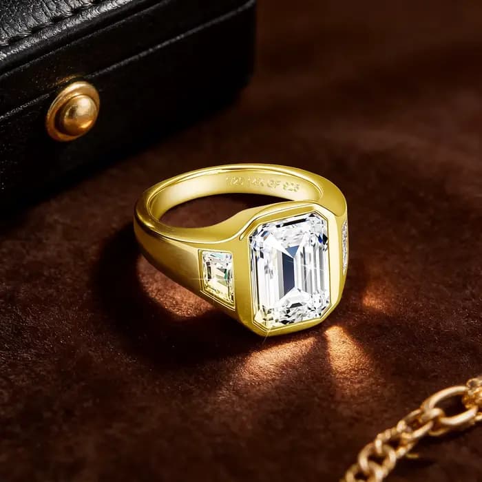 Bague signet en moissanite taille émeraude 7*9mm 3ct couleur D VVS1 en or rempli 14K Au585 pour homme et femme
