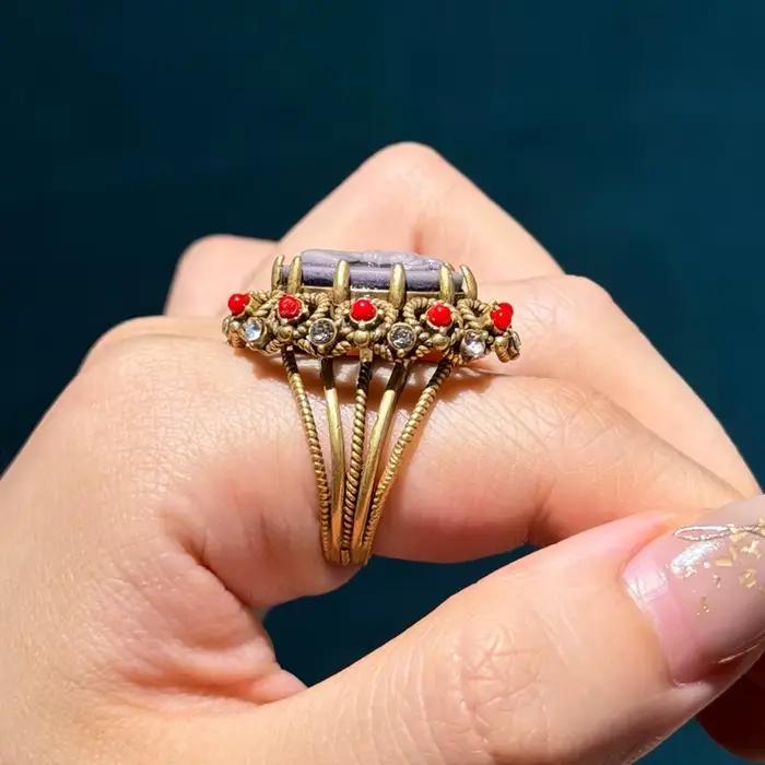 Bagues vintage en agate rouge et plaqué or 18 carats pour femmes, bijoux de cocktail rétro et strass pour soirée festive et mariage