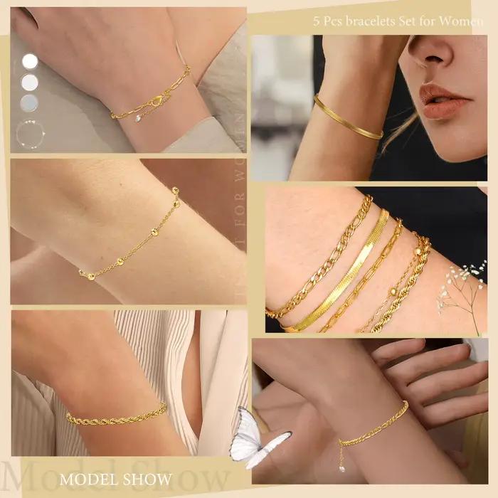 JOLink-Ensemble de bracelets plaqués or pour femme, 5 pièces, en acier inoxydable, empilables, superposables, réglables