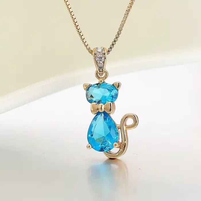 6 couleurs mignon chaton vert chat Gatos cristaux breloques colliers et pendentifs chaîne Collier femmes Grils bijoux couleur or Collier