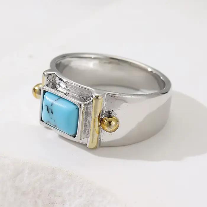 Bague élégante pour femme, bicolore, incrustée de turquoise artificielle carrée, idéale pour banquets, mariages et fiançailles, bijoux artisanaux