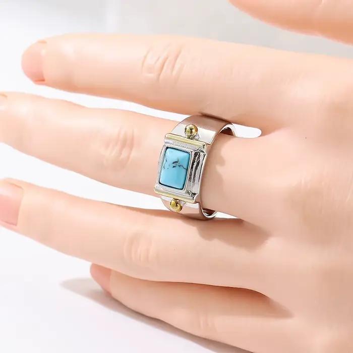 Bague élégante pour femme, bicolore, incrustée de turquoise artificielle carrée, idéale pour banquets, mariages et fiançailles, bijoux artisanaux