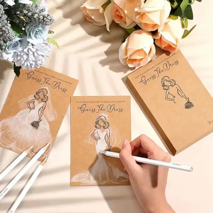 Carte de jeu pour robe de mariée, 20 pièces, avec stylos, devinez la robe, jeux de peinture pour fête prénuptiale, poules, enterrement de vie de jeune fille, décoration de mariage