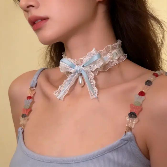 Collier ras du cou élégant en dentelle blanche avec nœud perlé, collier en dentelle tridimensionnel féminin pour rendez-vous, thé Lolita