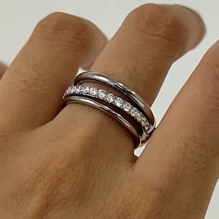 Youthway brillant or argent acier inoxydable zircon cubique incrusté trois couches anneau 18K plaqué or bijoux imperméables