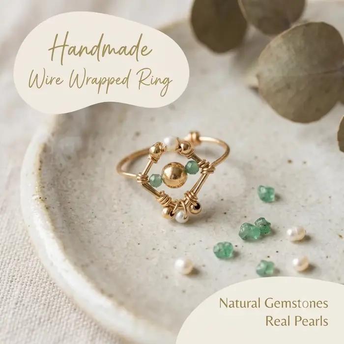Bague en pierre d'émeraude faite à la main, bague en or 14 carats avec perle, bague délicate à superposer, bijoux personnalisés de luxe, cadeau pour femme