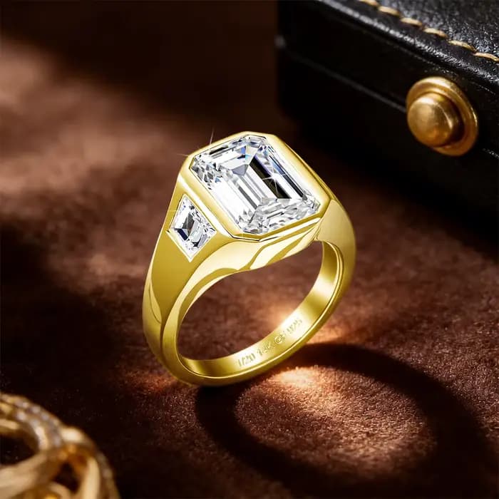 Bague signet en moissanite taille émeraude 7*9mm 3ct couleur D VVS1 en or rempli 14K Au585 pour homme et femme