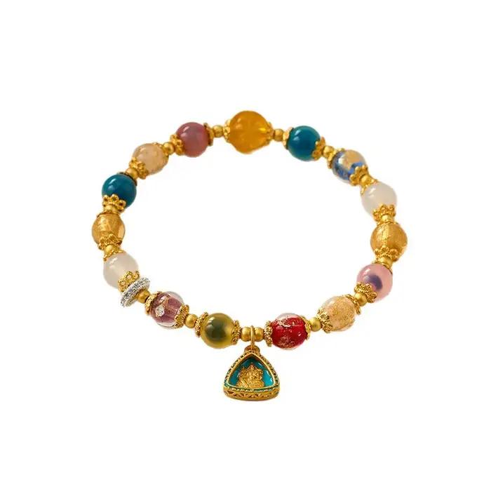 Ins Zakilam Bracelet demi-sucre coeur Agate main chaîne coloré feuille d'or verre jaune dieu de la richesse coeur malédiction trésor chanceux