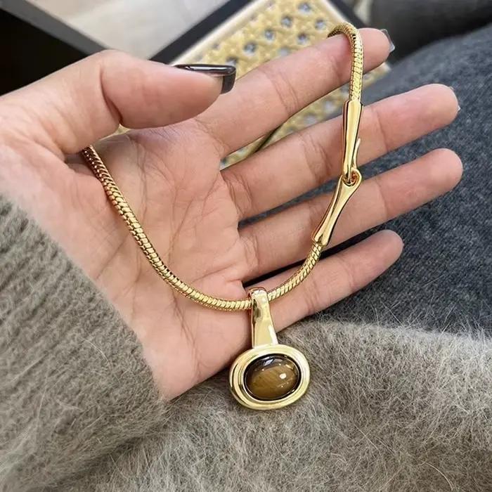 Collier pendentif en pierre d'oeil de tigre pour femmes, accessoire de bijoux à la mode, chaîne de couleur café, perles, accessoires de bijoux