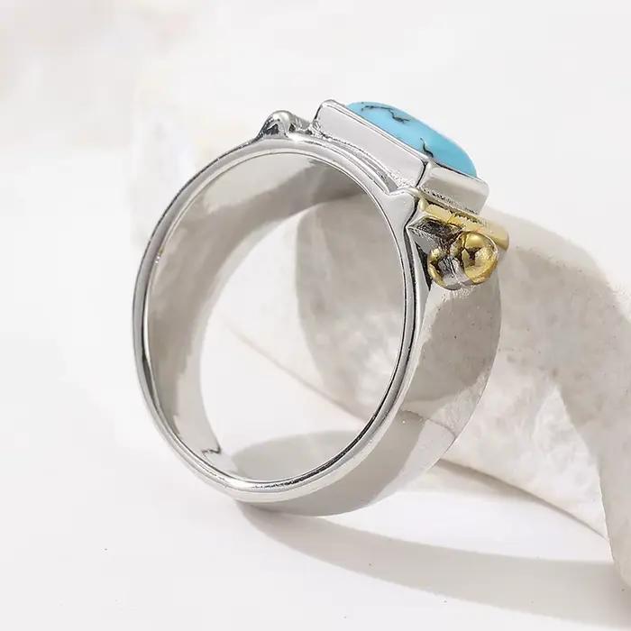 Bague élégante pour femme, bicolore, incrustée de turquoise artificielle carrée, idéale pour banquets, mariages et fiançailles, bijoux artisanaux