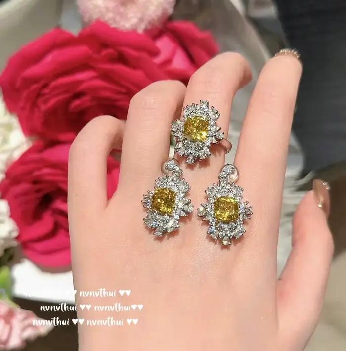 Ensemble de bijoux de mariage en diamant écrasé, coupe princesse, tempérament de luxe, plaqué or blanc 14K, bague redimensionnable, boucles d'oreilles, cadeaux, 3 pièces/ensemble