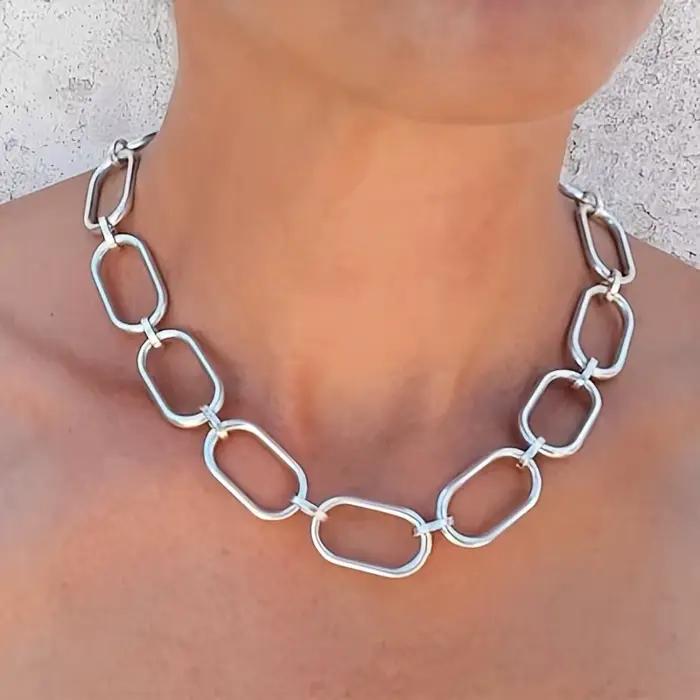 Collier à maillons épais et volumineux, style bohème, collier ras-du-cou à maillons ovales, plaqué argent antique, chaîne exagérée, bijoux