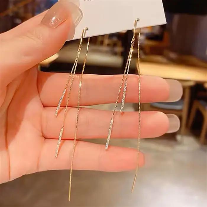 Boucles d'oreilles dorées de luxe pour femmes, frange en strass, Zircon suspendu, brillant, déclaration de mariage, bijoux cadeaux de fête, nouvelle collection 2024