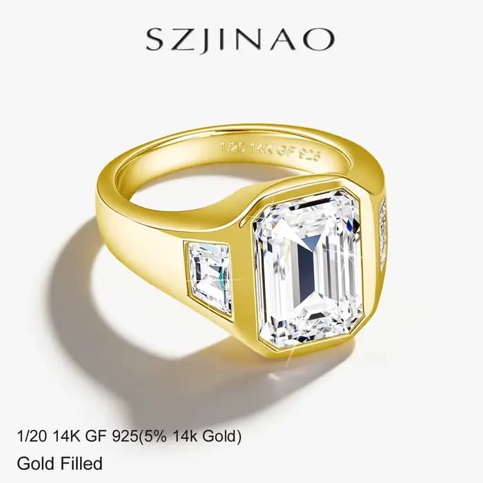 Bague signet en moissanite taille émeraude 7*9mm 3ct couleur D VVS1 en or rempli 14K Au585 pour homme et femme