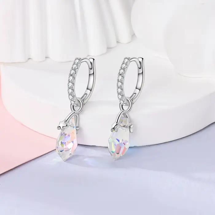 Boucles d'oreilles pendantes en argent sterling 925 avec cristal Aurora en forme de goutte d'eau et étoile pour femme, bijoux étincelants style bohème pour soirée et bal de promo