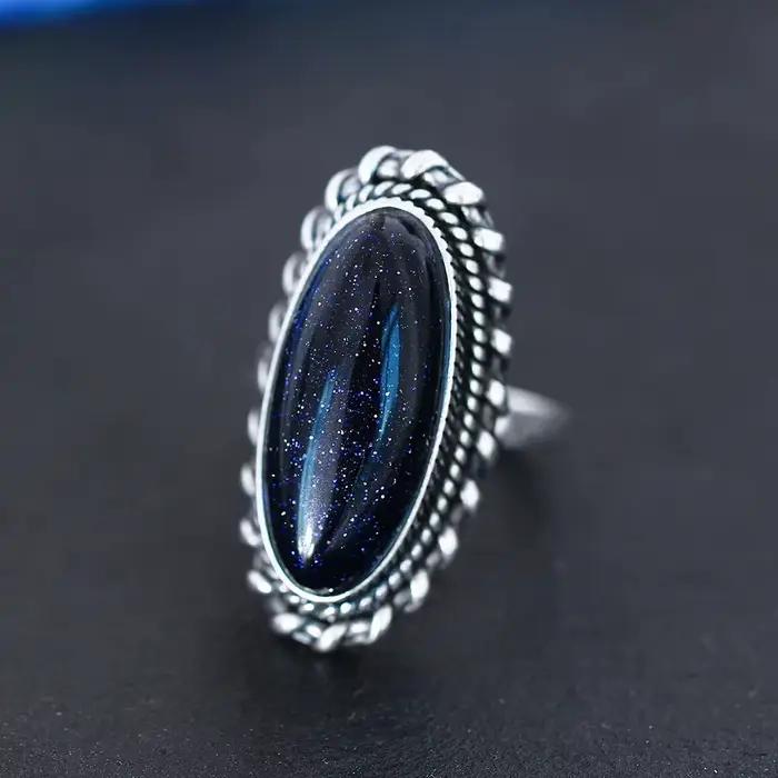 Bague rétro en argent, bijoux Vintage en pierre de grès bleue, grande pierre de luxe élégante, cadeau fin pour femmes et hommes