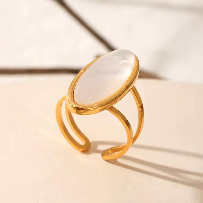 Bague rétro plaquée or pour femme, grande perle ovale blanche en nacre, ajustable, style simple, bijou de fête