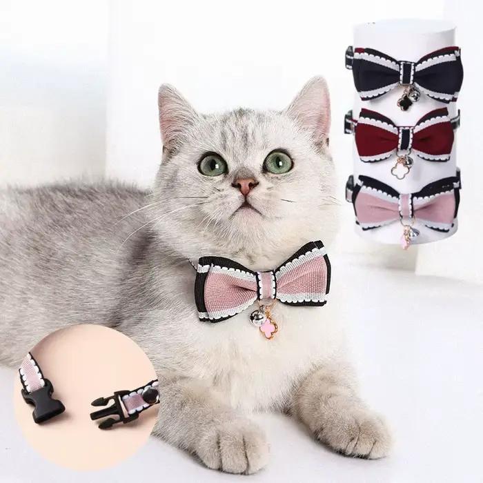 Collier pour chat mignon, réglable, Double couche, nœud papillon, avec cloche, collier pour chat, chiot, chaton, pendentif, fournitures